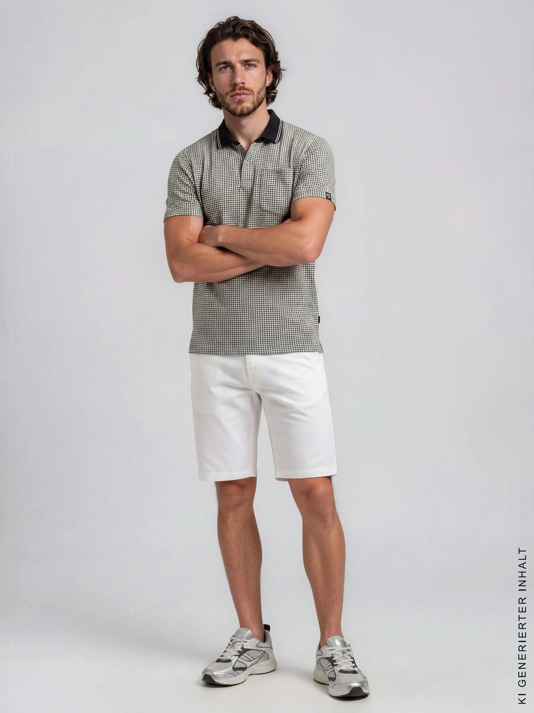Mann trägt elastische bermudashort in weiß mit schwarzem und weißem karierte polohemd von hajo mode