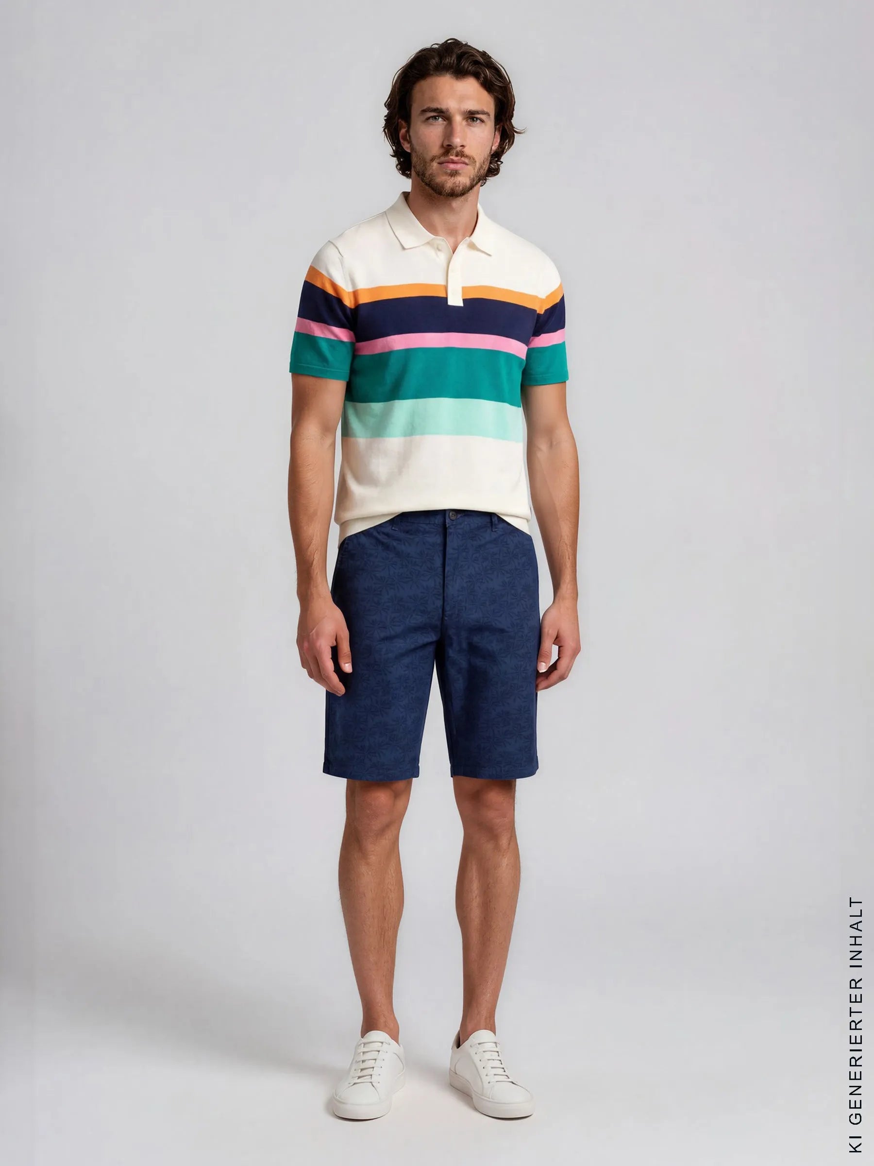 Herren kurzarm poloshirt mit horizontalen streifen in creme orange rosa marineblau und petrol zur elastische bermudashort allover bedruckt