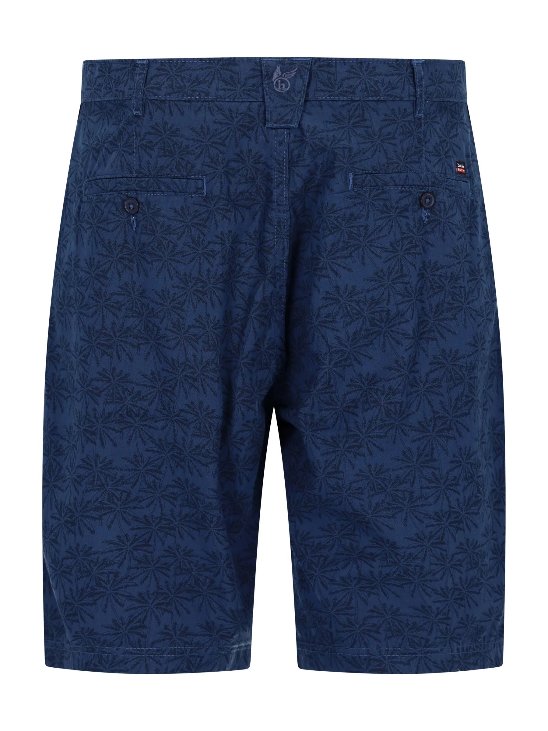 Elastische Bermudashort allover bedruckt in Dunkelblau mit dezentem Palmenmuster