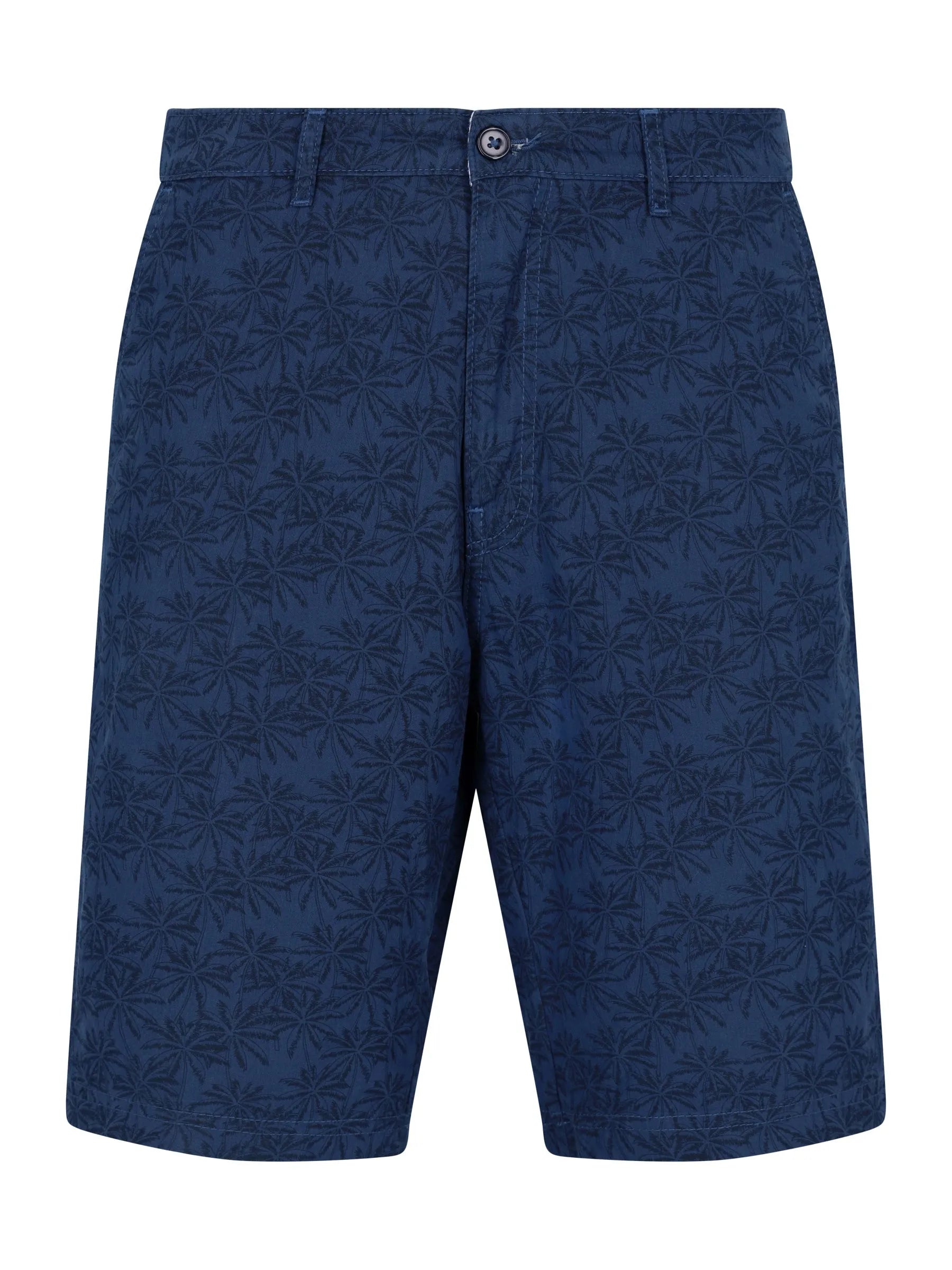 Dunkelblaue elastische Bermudashort mit dezentem Palmenmuster