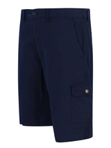 Navyblaue elastische Bermudashort mit Cargotaschen und Goldknöpfen