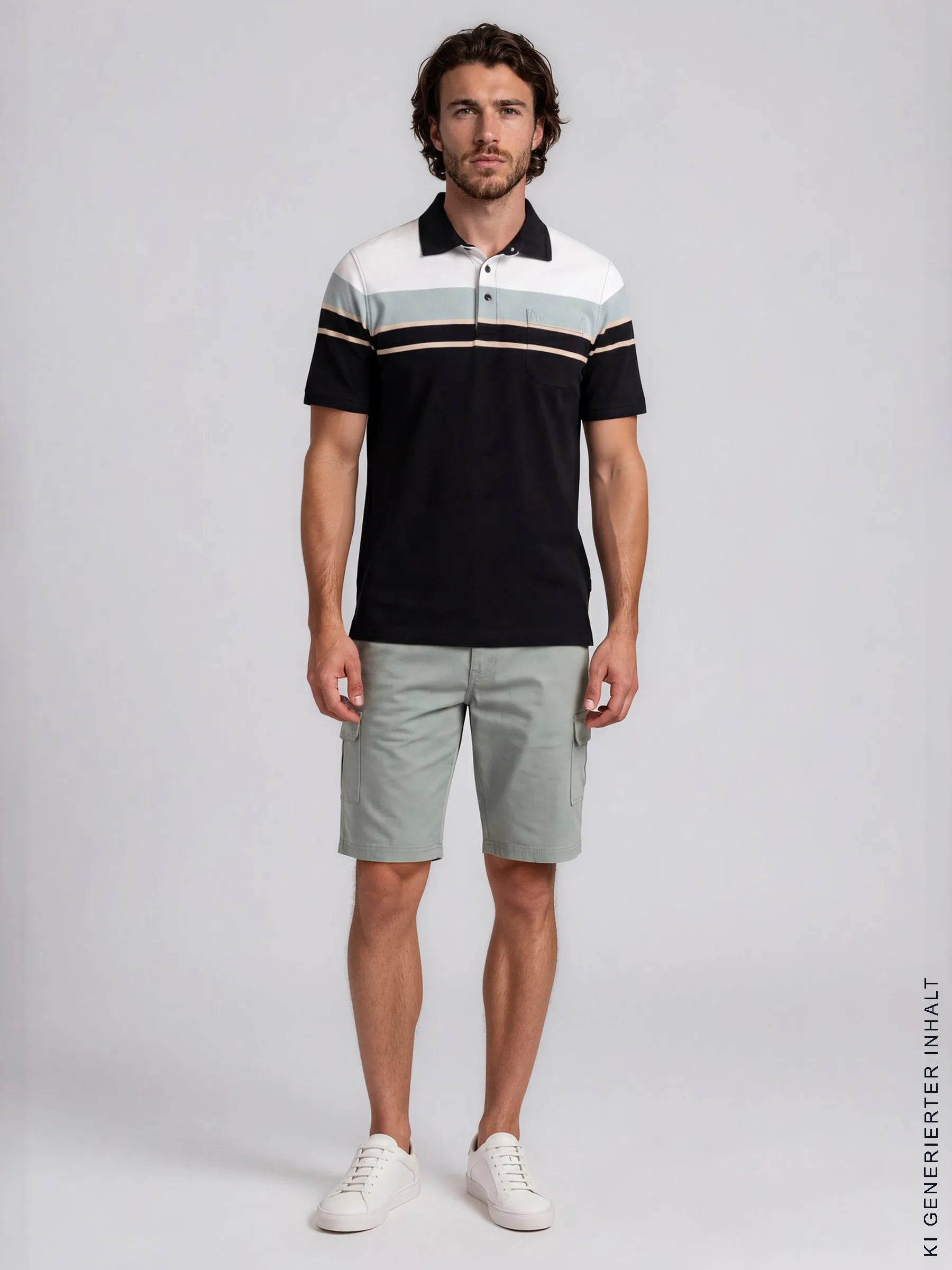 Schwarzweiß gestreiftes polohemd mit marineblauen akzenten kombiniert mit elastischer bermudashort mit cargotaschen