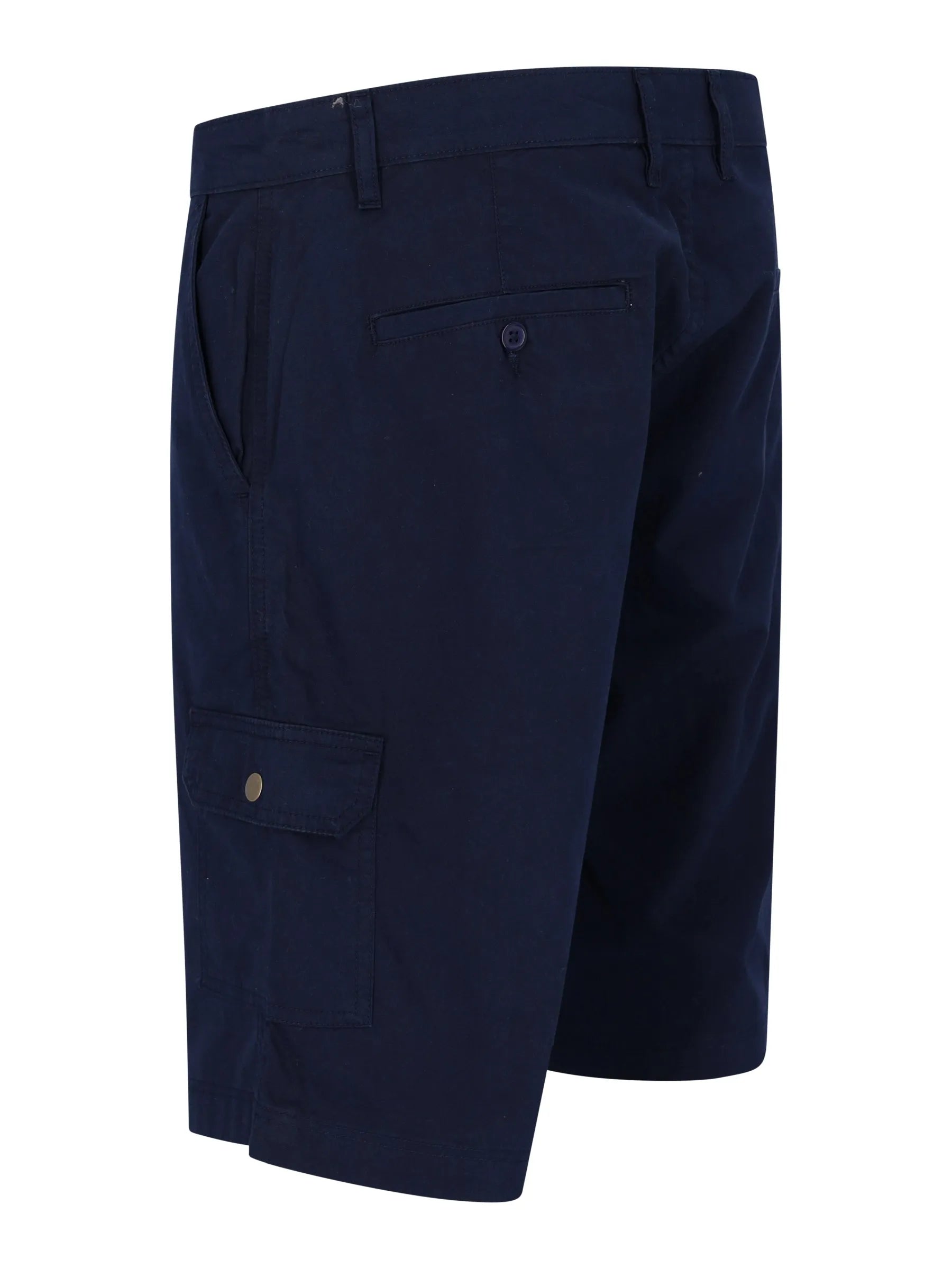 Dunkelblaue elastische Bermudashorts mit Cargotaschen, Knopflappen und Nähte