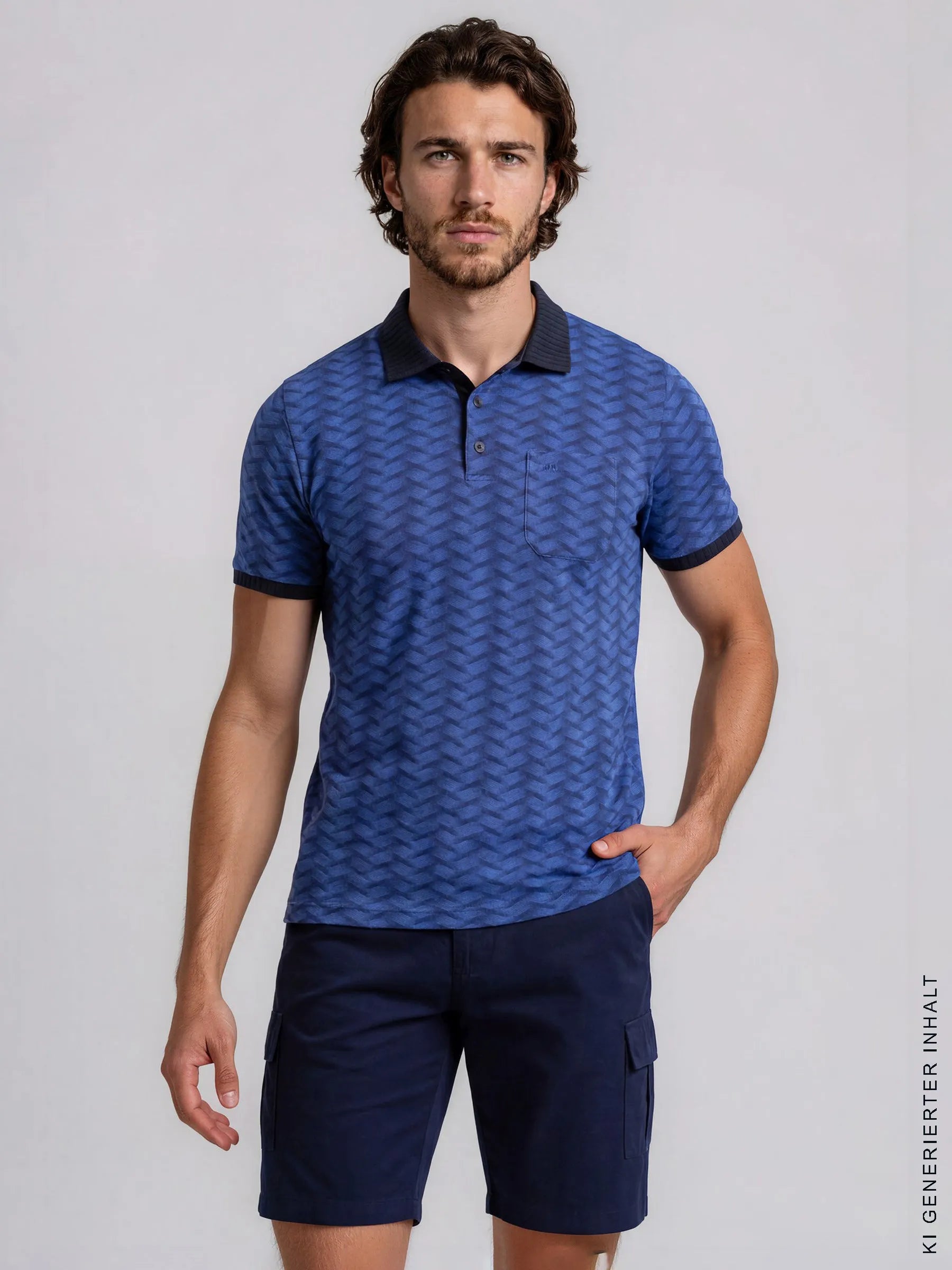 Blaue gemusterte poloshirt mit schwarzem kragen und ärmelabschluss zur elastischen bermudashort mit cargotaschen