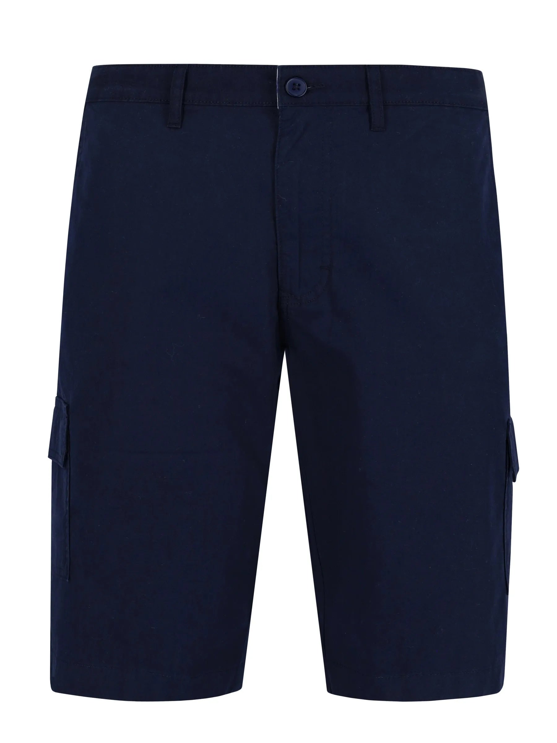 Dunkelblaue elastische Bermudashorts mit Cargotaschen und Knopfverschluss