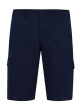 Dunkelblaue elastische Bermudashorts mit Cargotaschen und Knopfverschluss