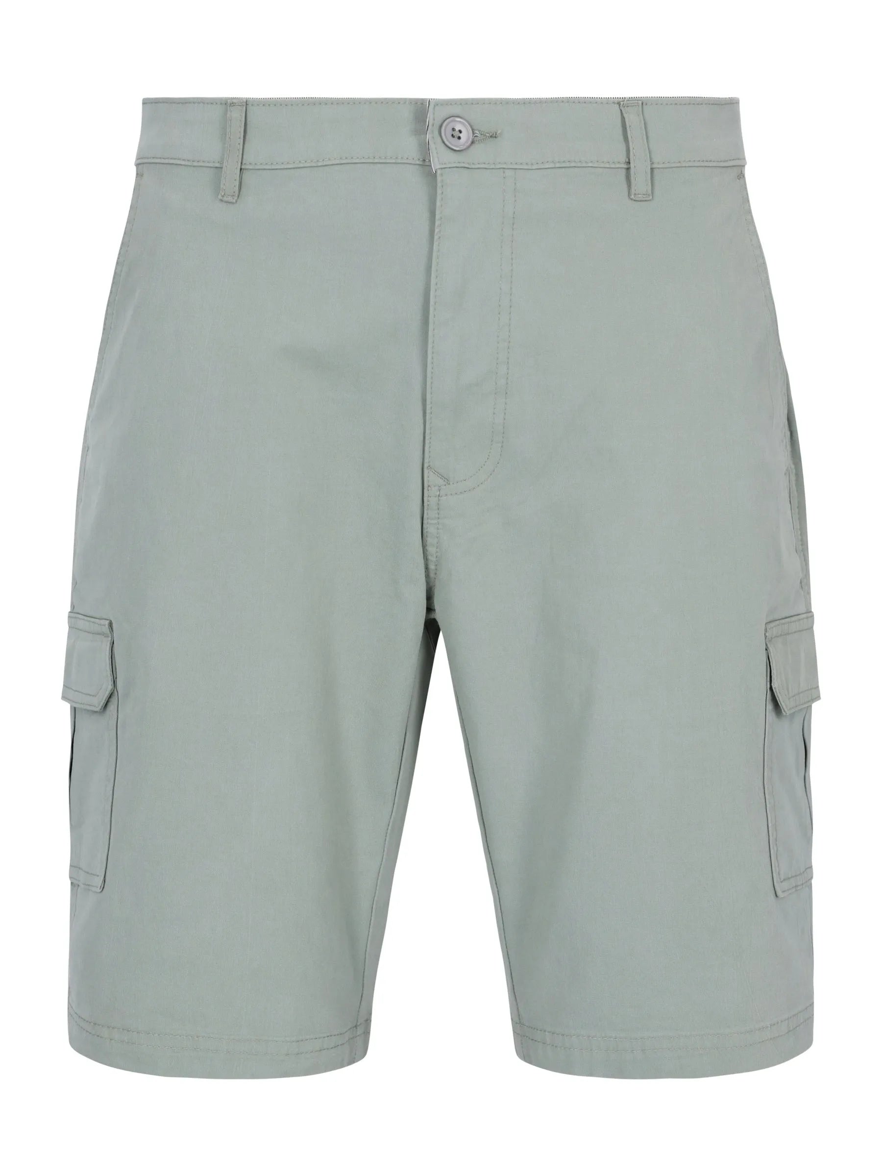 Elastische hellgraue Bermudashort mit Cargotaschen, Knöpfschluss und Seitentaschen
