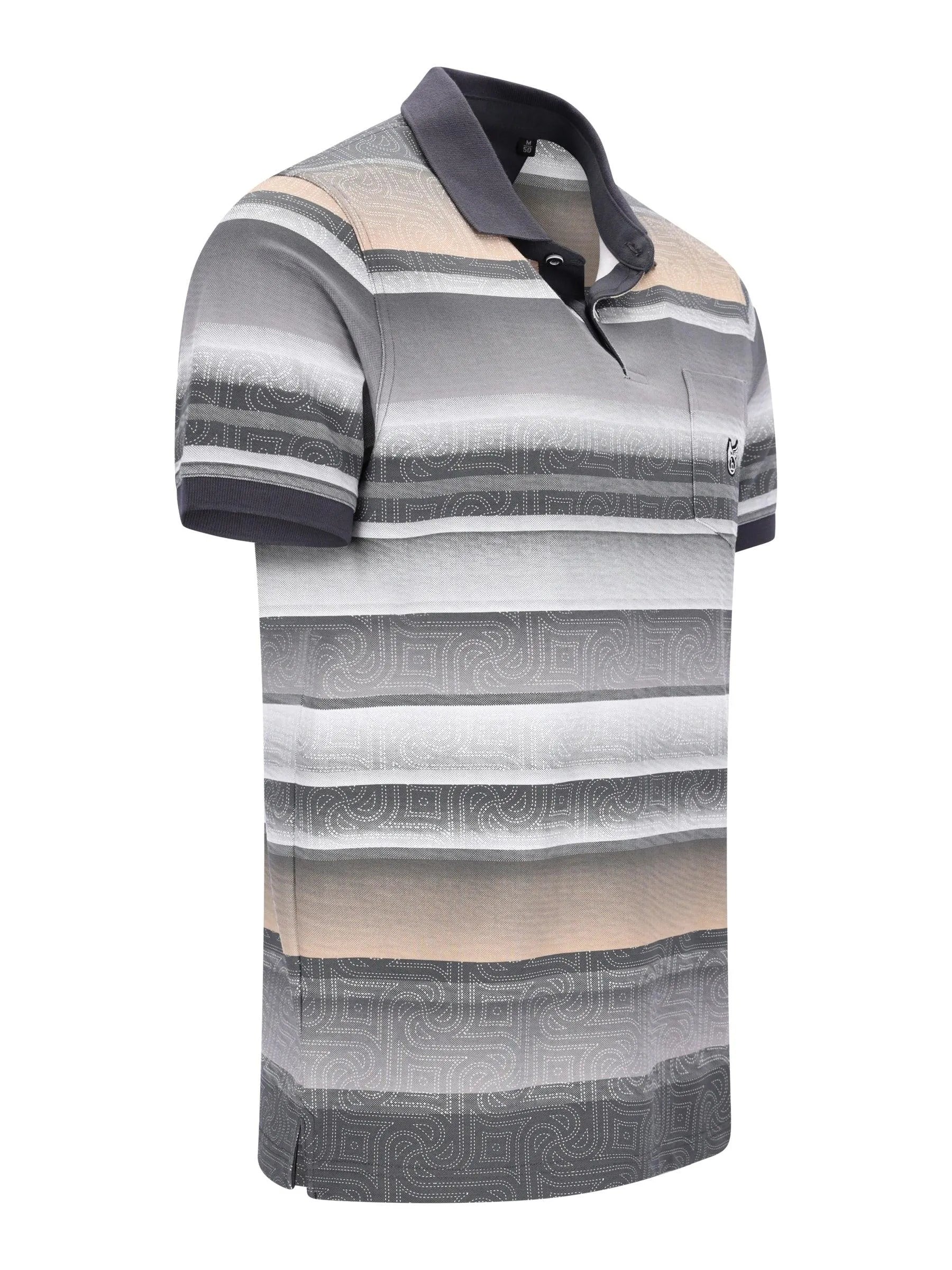 Feinpikee-Poloshirt mit Alloverdruck in stay fresh-Qualität, graue Streifen