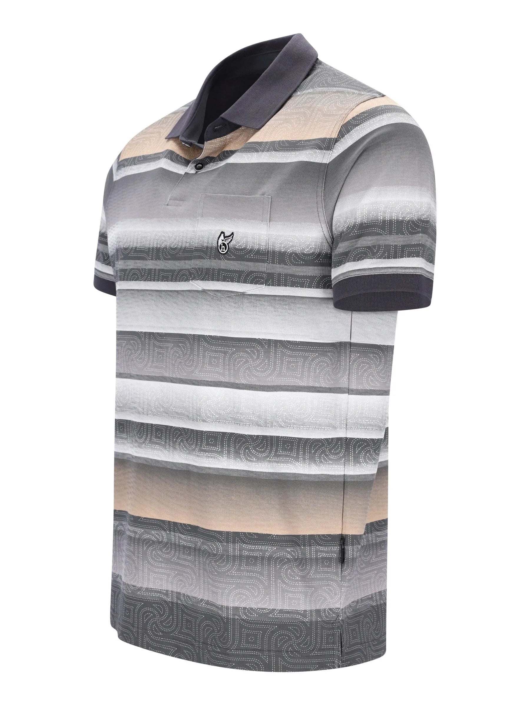 Feinpikee-Poloshirt Graubeige gestreift mit Alloverdruck und Stay-Fresh