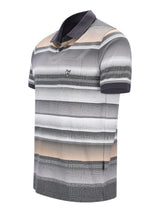 Feinpikee-Poloshirt Graubeige gestreift mit Alloverdruck und Stay-Fresh