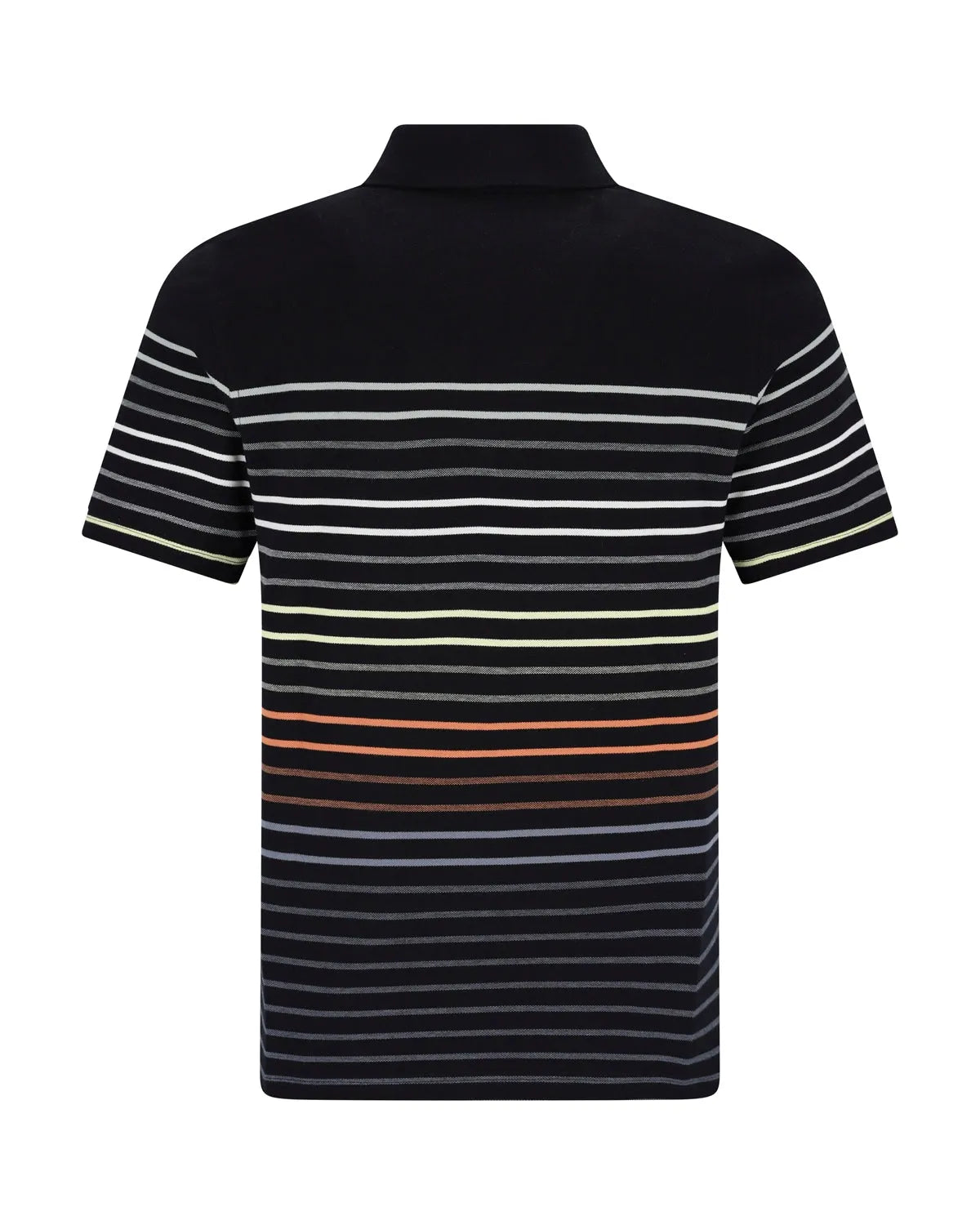 Schwarzes Poloshirt mit weißen und orangefarbenen Streifen, kurze Ärmel, Kragen, aus Baumwolle.