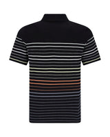 Schwarzes Poloshirt mit weißen und orangefarbenen Streifen, kurze Ärmel, Kragen, aus Baumwolle.