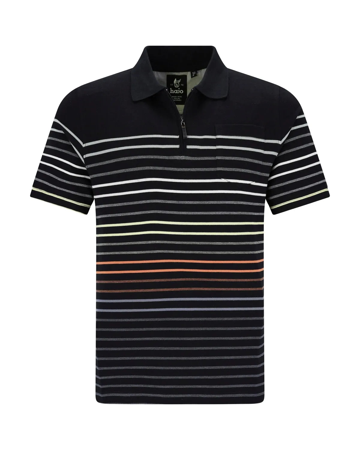 Schwarz-weiß gestreiftes Poloshirt mit orangefarbenen Akzenten, aus Baumwolle.