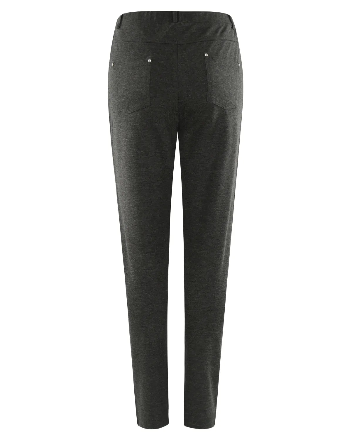 Schwarze, dehnbare Hose mit silbernen Verzierungen und einem hohen Bund.