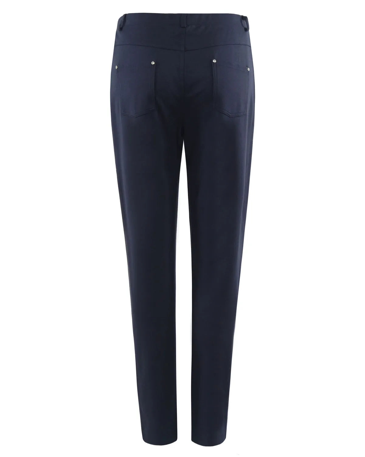 Marineblaue Stretch-Hose mit silbernen Verzierungen und einem Knopfverschluss.