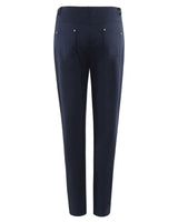 Marineblaue Stretch-Hose mit silbernen Verzierungen und einem Knopfverschluss.
