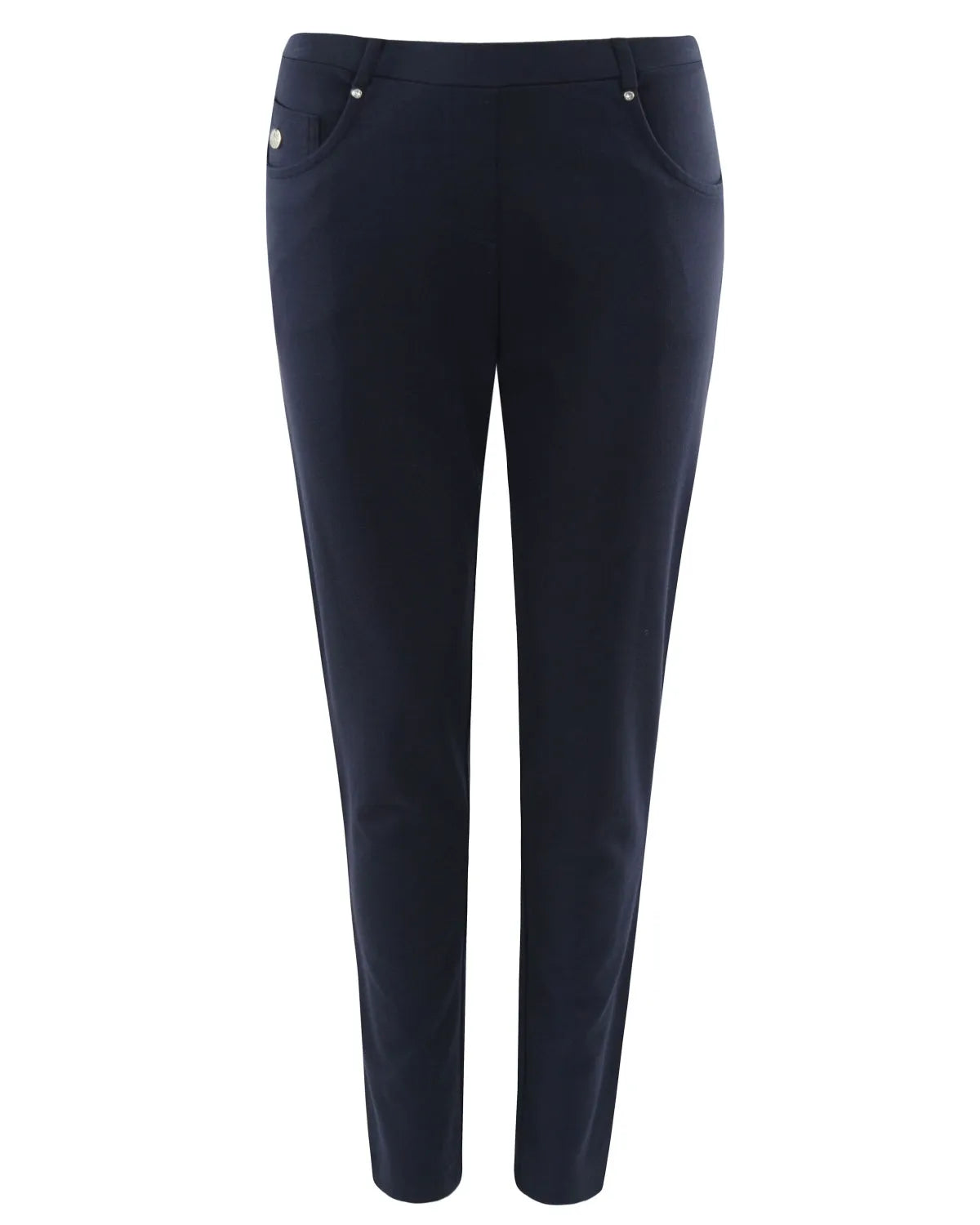 Marineblaue Stretch-Hose mit silbernen Knöpfen und Taschen.