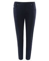 Marineblaue Stretch-Hose mit silbernen Knöpfen und Taschen.