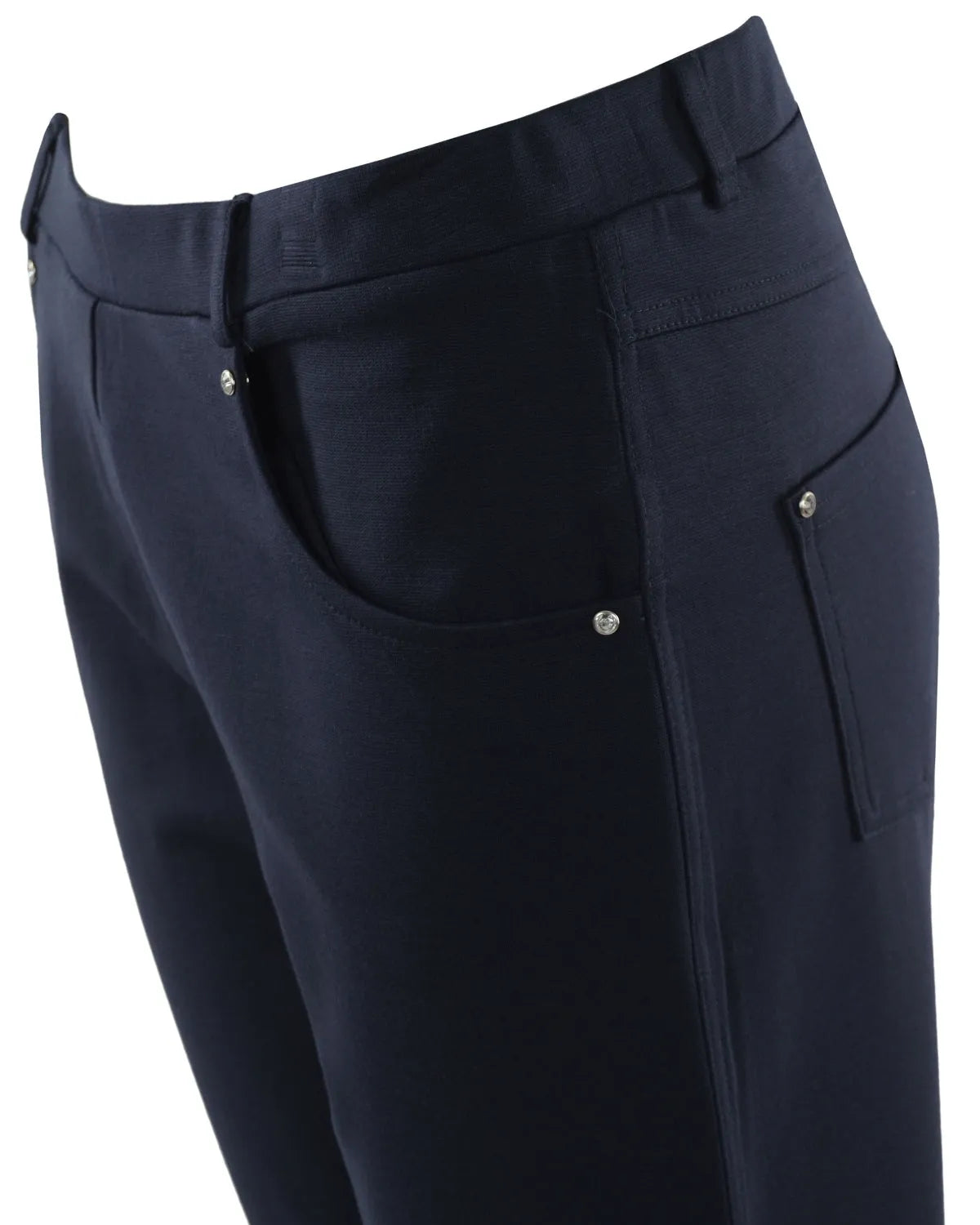 Marineblaue Anzughose mit silbernen Knöpfen und Taschen.