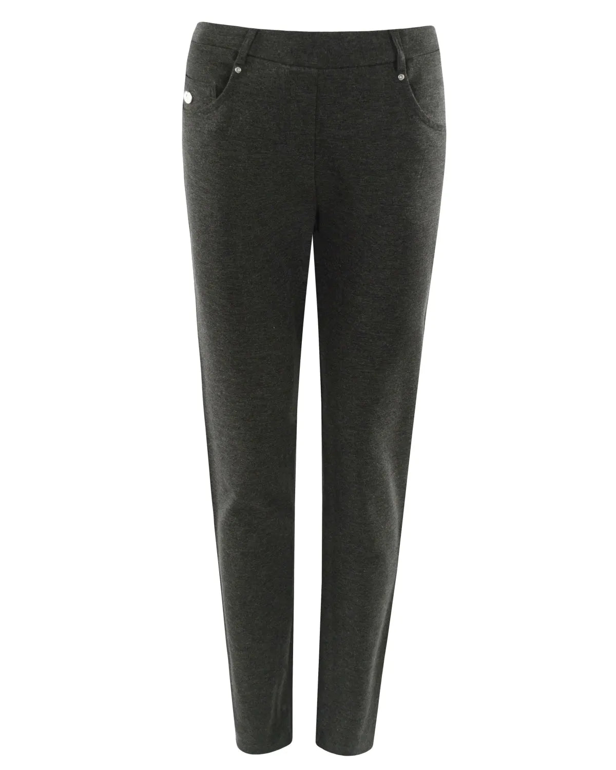 Schwarze Slim Fit Hose mit silbernen Knöpfen und Taschen.