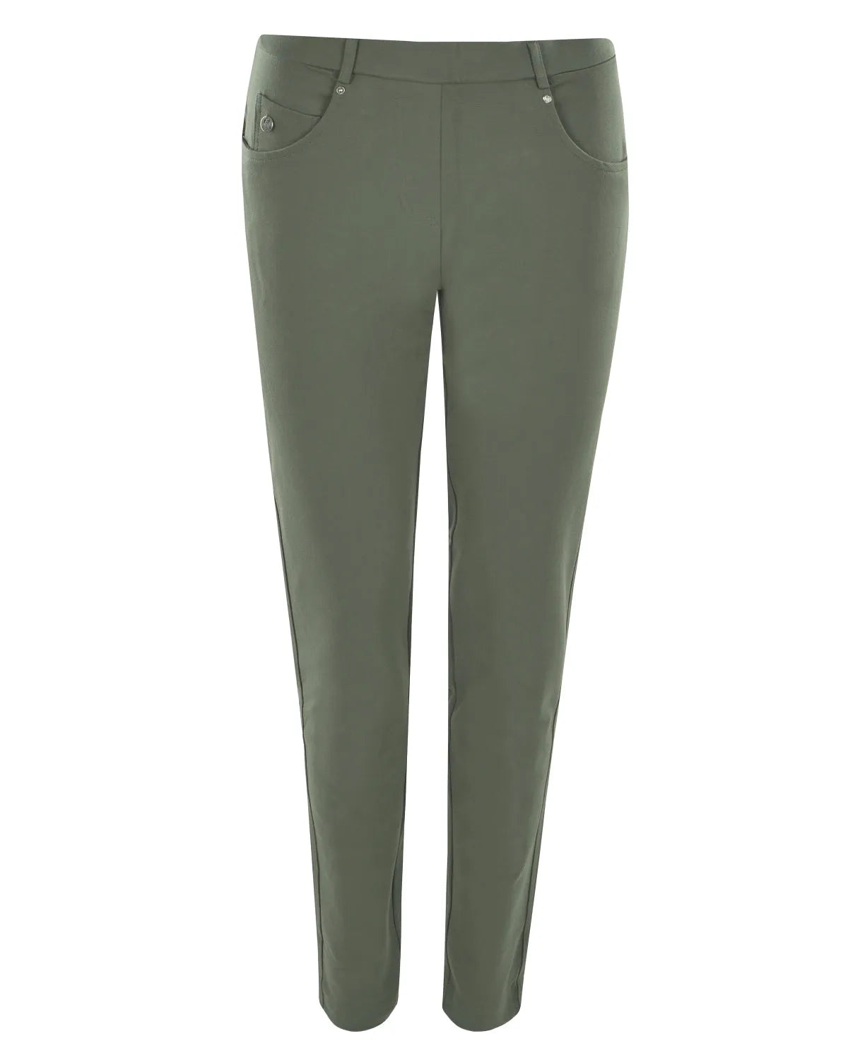 Olivgrüne Stretch-Hose mit silbernen Knopfdetails und Taschen.