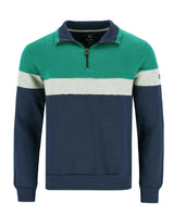 Marineblauer, grüner und weißer Pullover im Farbblock-Design mit halbem Reißverschluss.