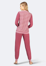 Rosa und weiß gestreiftes Loungeset mit elastischem Bund, weiches Baumwollmaterial.