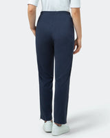 Marineblaue Hose mit geradem Bein, seitlichem Reißverschluss und elastischem Bund.