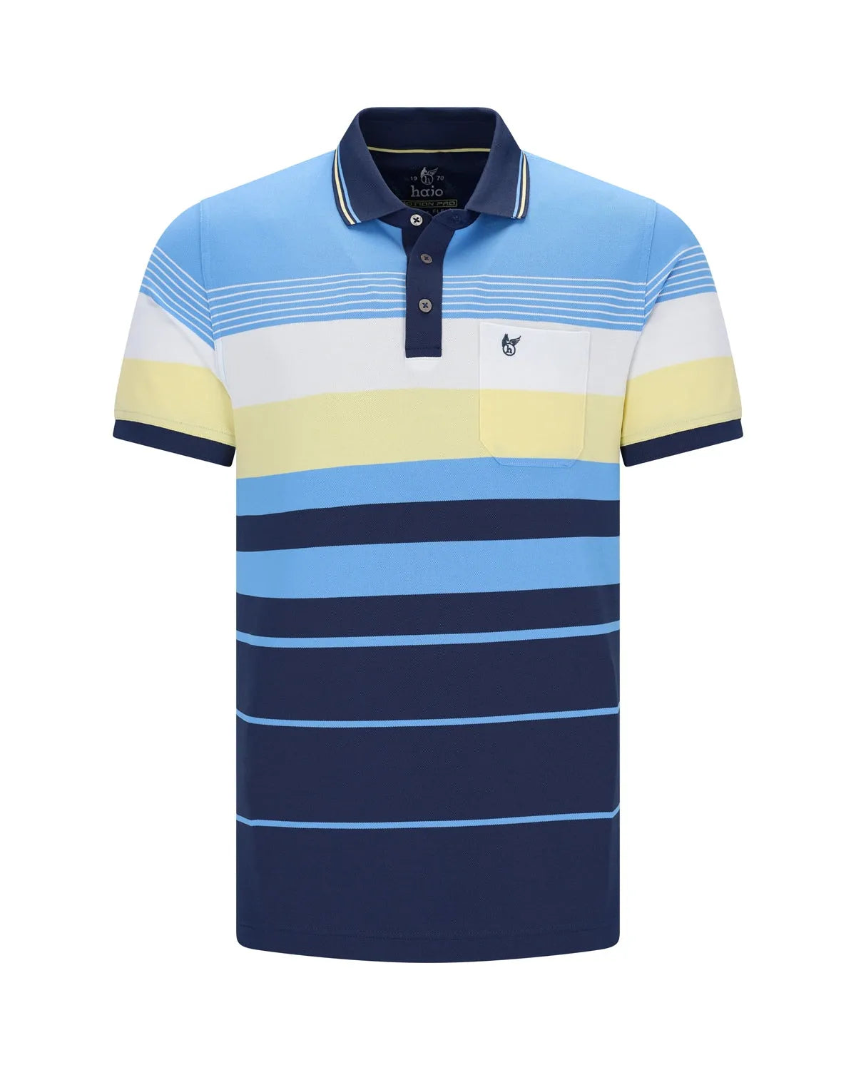 Blau-gelb gestreiftes Poloshirt mit marineblauem Kragen und Manschetten, aus Baumwolle.
