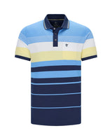 Blau-gelb gestreiftes Poloshirt mit marineblauem Kragen und Manschetten, aus Baumwolle.