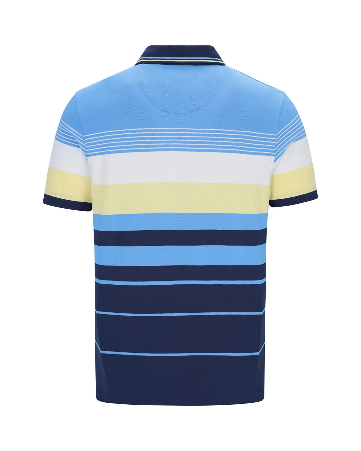 Blau-gelb gestreiftes Poloshirt mit marineblauem Kragen und Manschetten, aus Baumwolle.