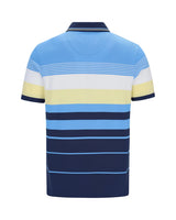 Blau-gelb gestreiftes Poloshirt mit marineblauem Kragen und Manschetten, aus Baumwolle.