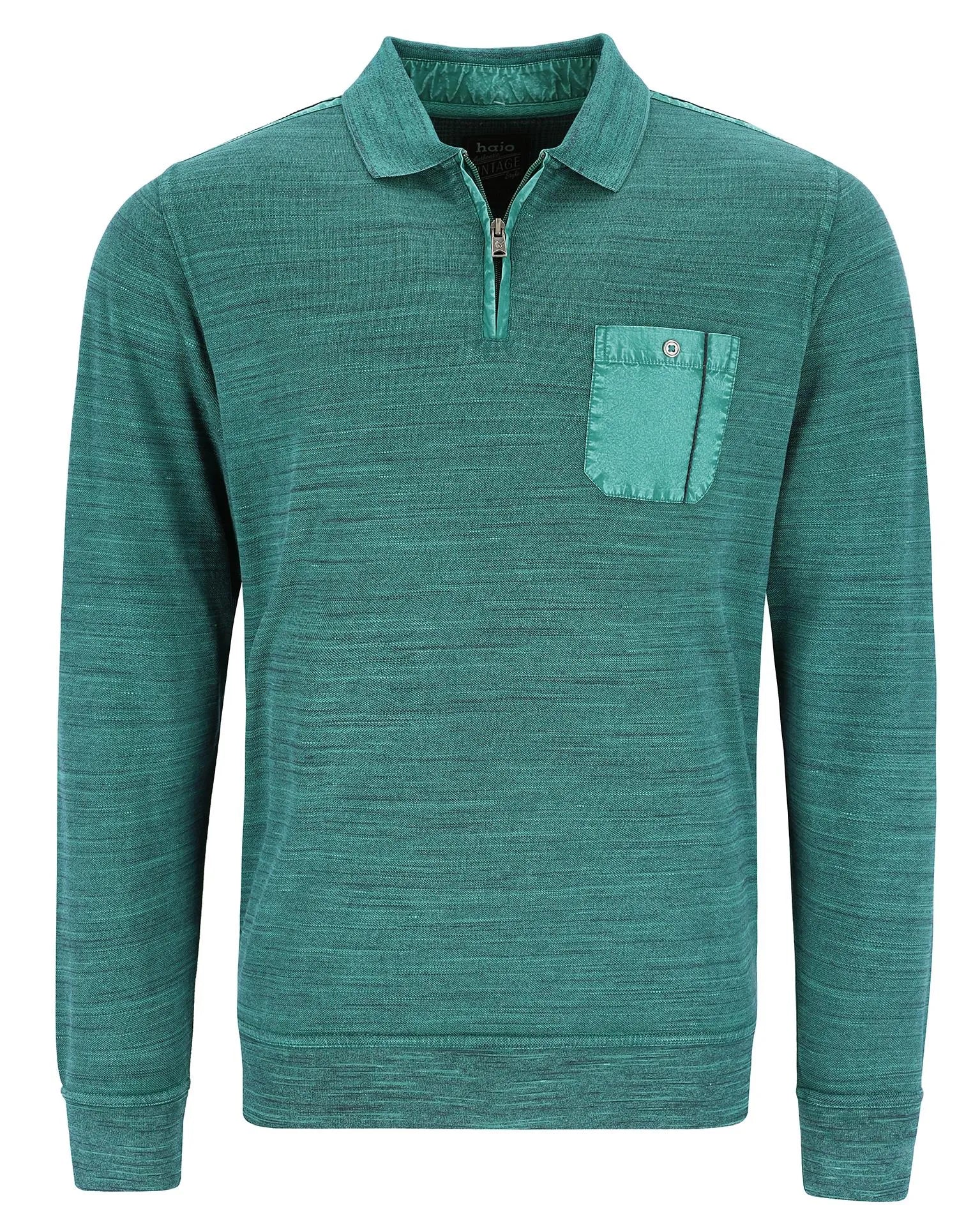 Blaugrüner Pullover mit Reißverschluss, Tasche und Kragen, strukturierter Stoff.