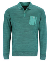 Blaugrüner Pullover mit Reißverschluss, Tasche und Kragen, strukturierter Stoff.