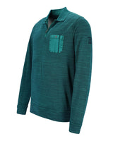 Tealfarbenes Langarmshirt mit Reißverschluss, Tasche und Logo am Ärmel.