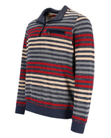 Gestreifter Pullover mit halbem Reißverschlusskragen, mit marineblauen und roten Streifen auf cremefarbenem Hintergrund.