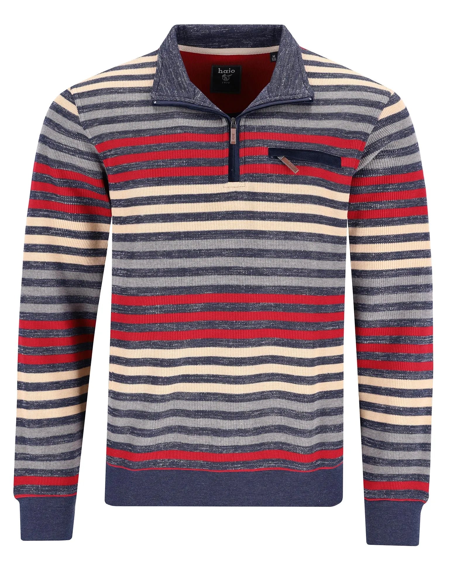 Gestreifter Pullover mit Viertelreißverschluss mit marineblauen, roten und cremefarbenen Streifen auf einem strukturierten Stoff.
