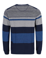 Marineblau und grau gestreifter Pullover mit Rippenstrickstruktur.