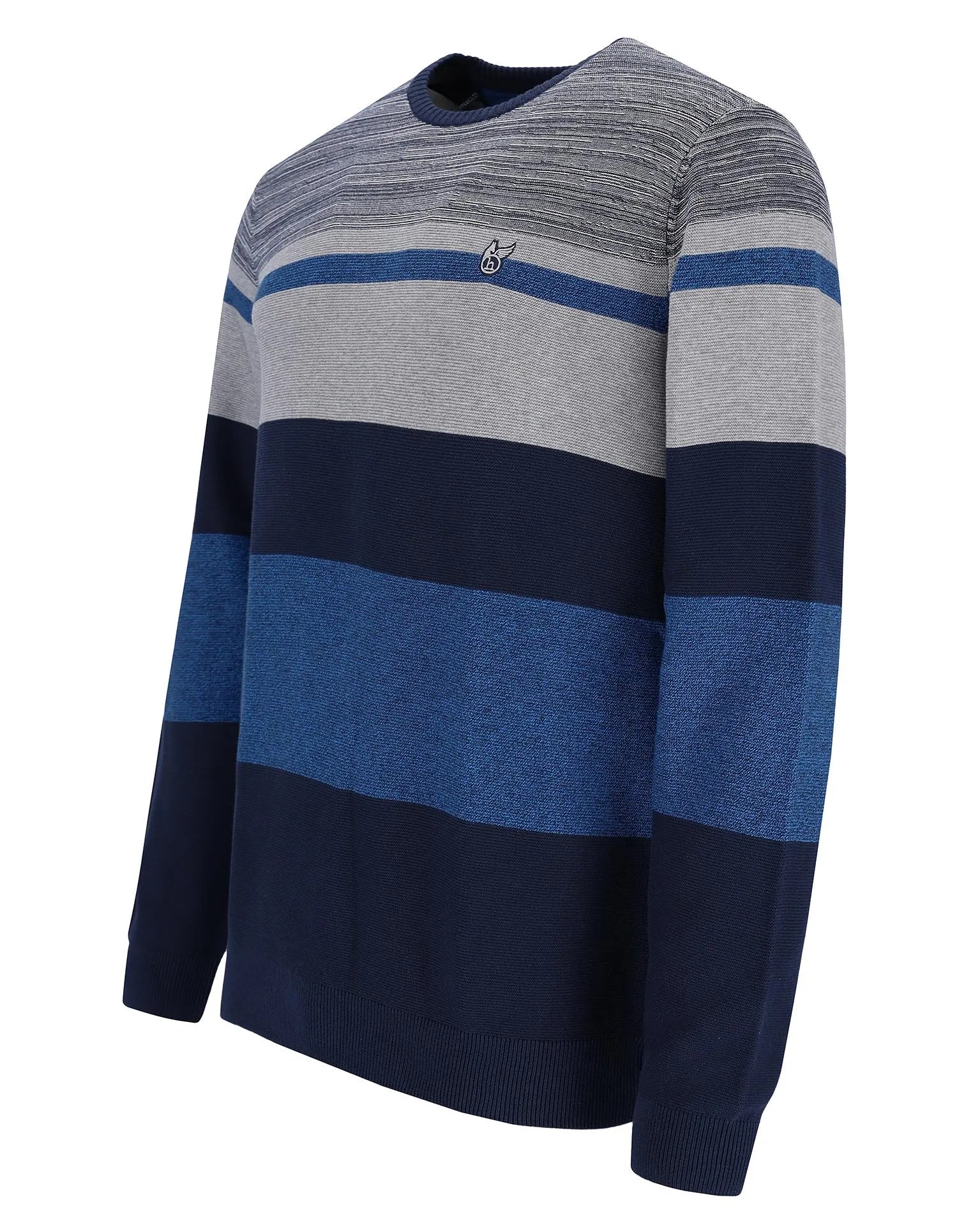 Blau und grau gestreifter Pullover mit Rundhalsausschnitt, langen Ärmeln und dezenter Stickerei auf der Brust.