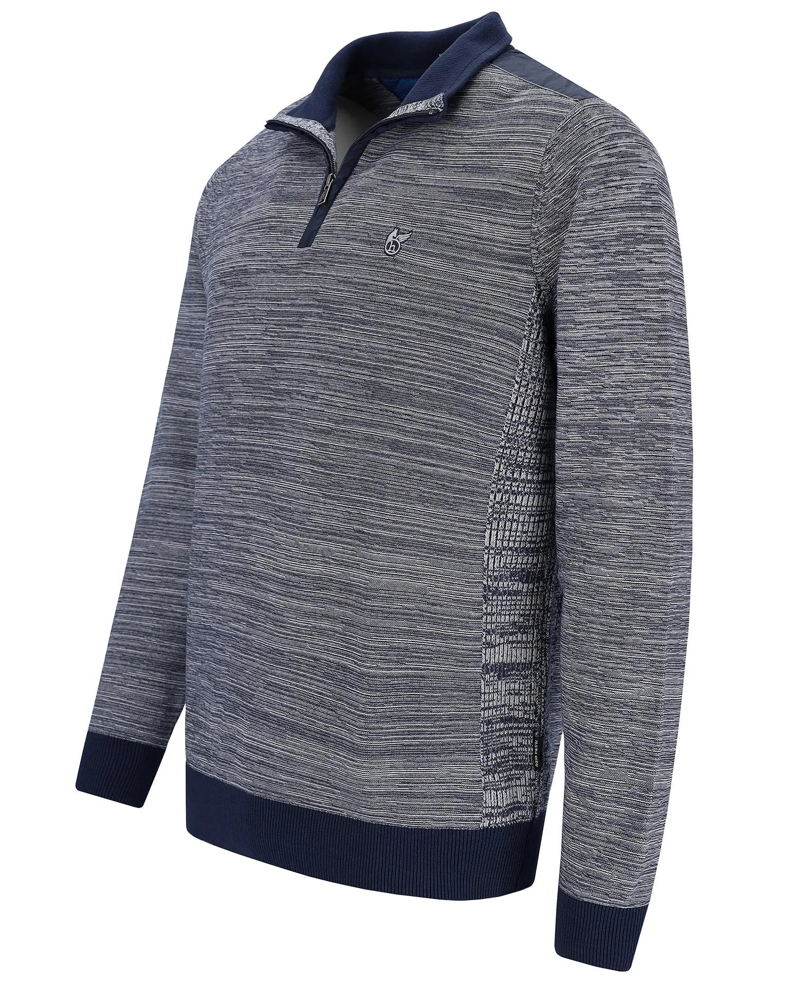 Anthrazitgrauer und marineblauer Pullover mit Viertelreißverschluss und strukturiertem Strickmuster, mit kontrastierendem Kragen.