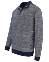 Anthrazitgrauer und marineblauer Pullover mit Viertelreißverschluss und strukturiertem Strickmuster, mit kontrastierendem Kragen.