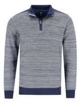 Marineblau und grau marmorierter Viertelreißverschluss-Pullover mit gerippten Bündchen und Kragen, mit kleinem Logo auf der Brust.