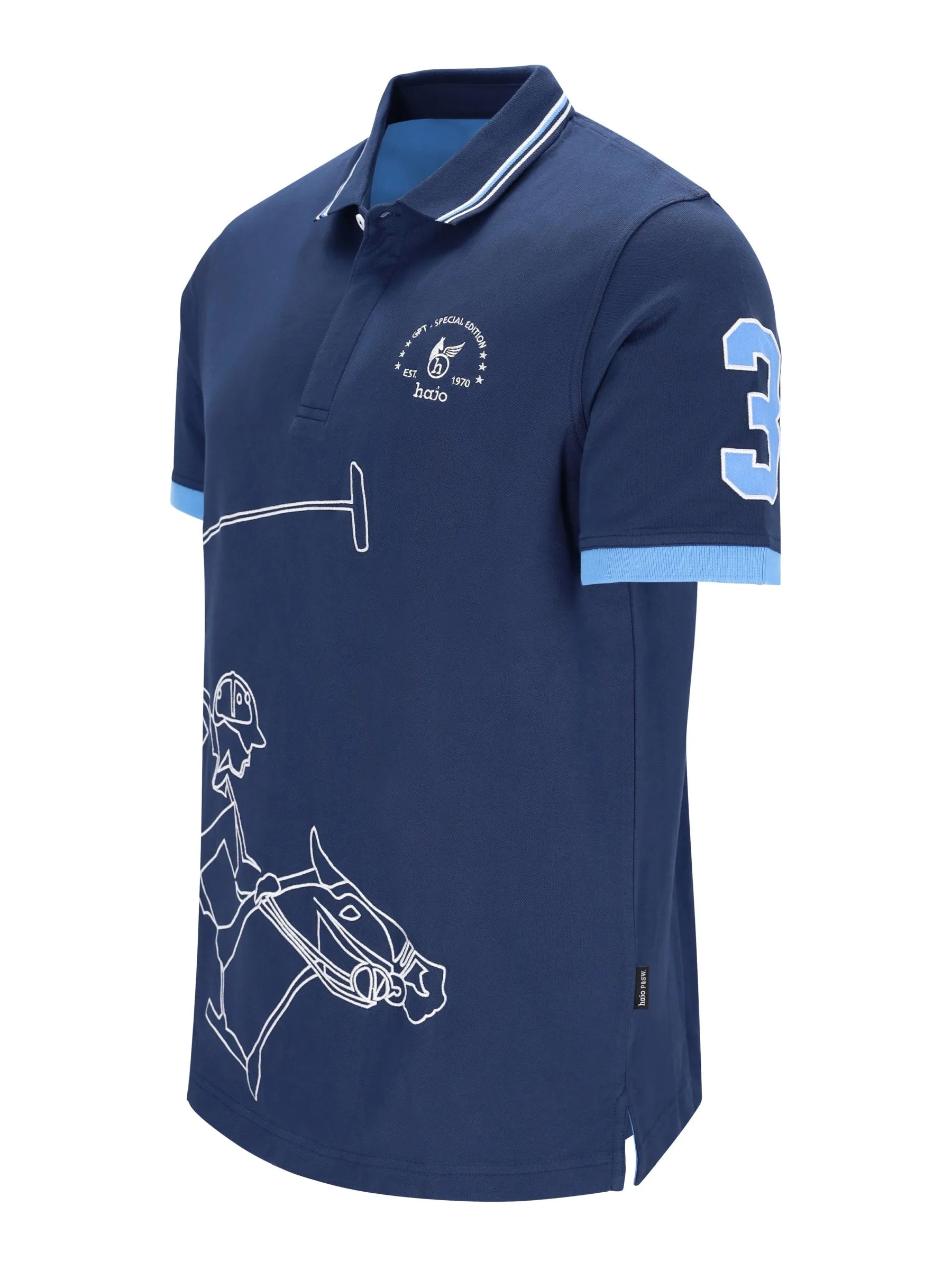 Navyblaues H Polopique EL POLISTA polohemd mit hellblauen akzenten, weißem pferd und reiter lineart sowie zahl 3 am ärmel