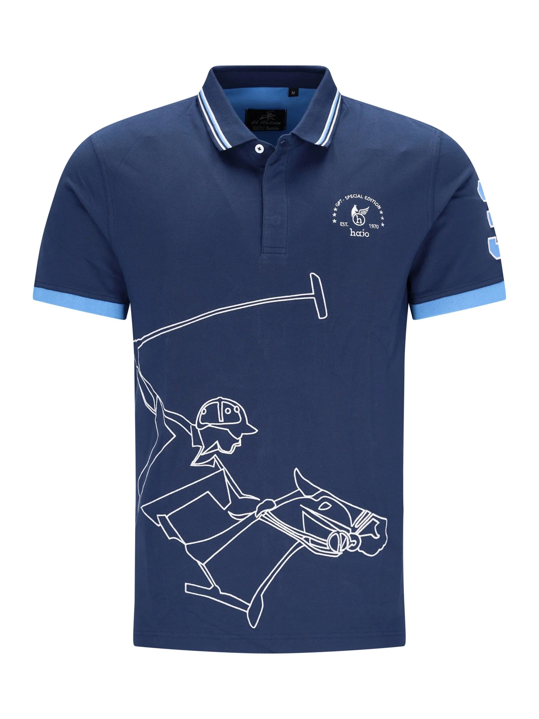 Navyblaues polohemd h polopique el polista mit hellblauem besatz und weißem linienreiten-design