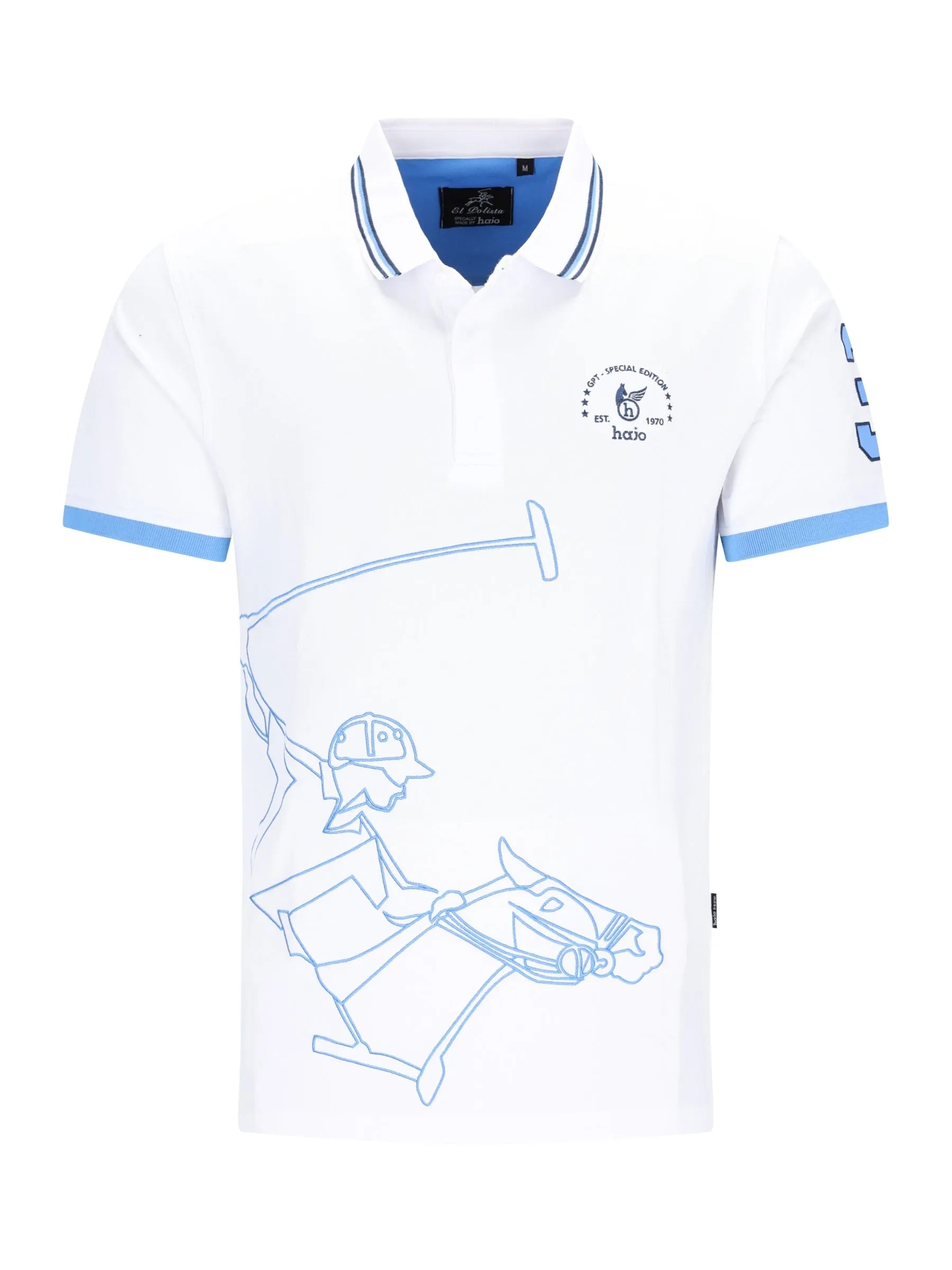 Weißes polohemd h polopique el polista mit hellblauer kanten und pferdereiter grafik in blauer kontur