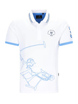 Weißes polohemd h polopique el polista mit hellblauer kanten und pferdereiter grafik in blauer kontur