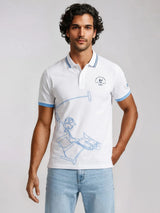 Weißes poloshirt h polopique el polista mit hellblauer besatz und pferdereiter grafik in passendem blauem umriss