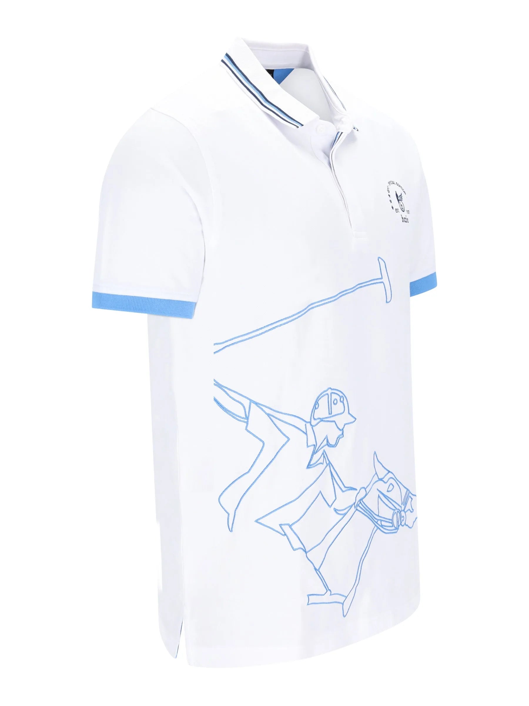Weiße polo shirt mit hellblauem besatz und stilisiertem blauem reitergrafik von h polopique el polista