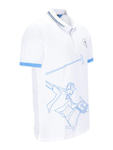 Weiße polo shirt mit hellblauem besatz und stilisiertem blauem reitergrafik von h polopique el polista
