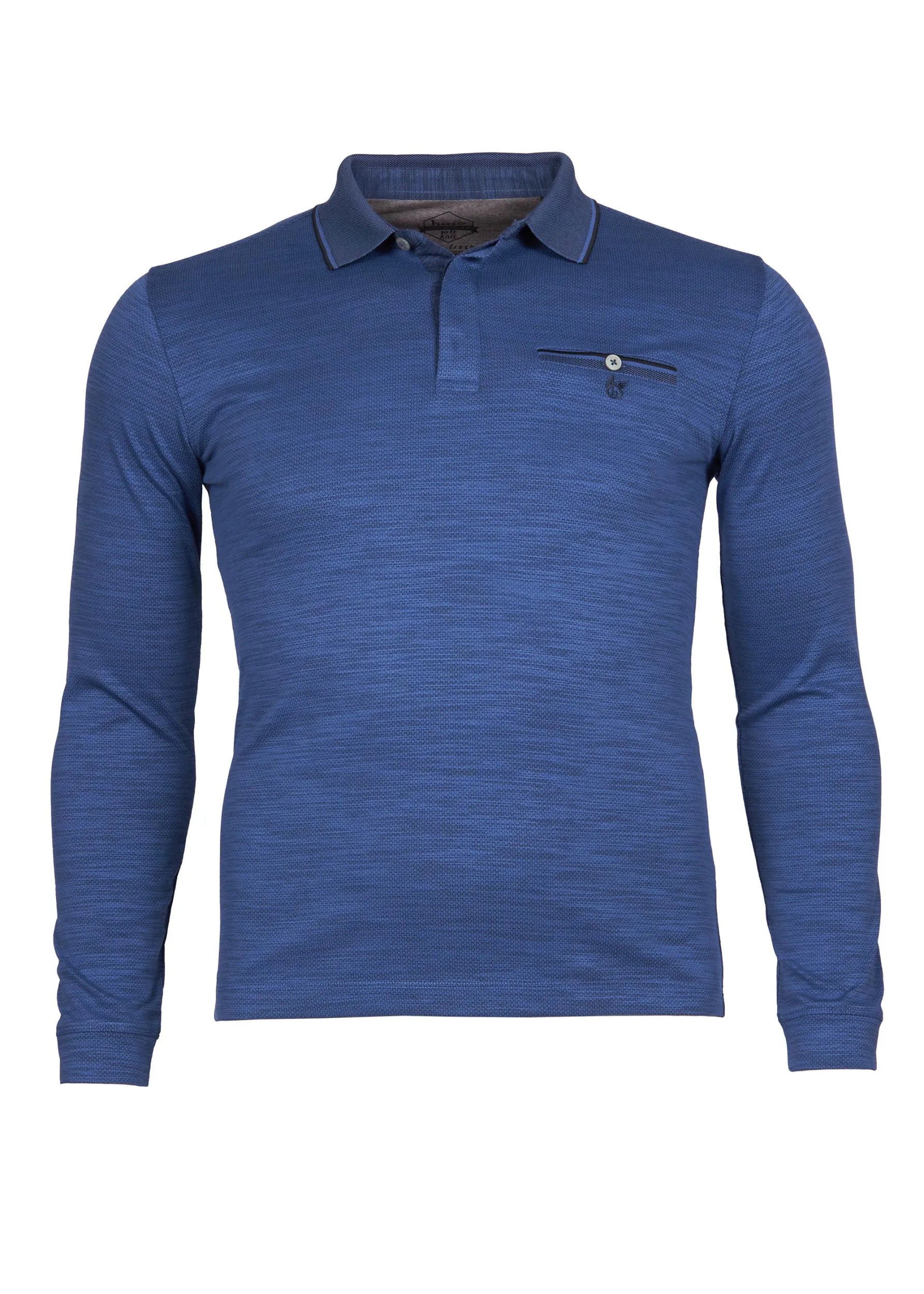 Königsblaues, langärmeliges Poloshirt mit dezentem Glanz und Kragendetail sowie einem kleinen Logo auf der Brust.